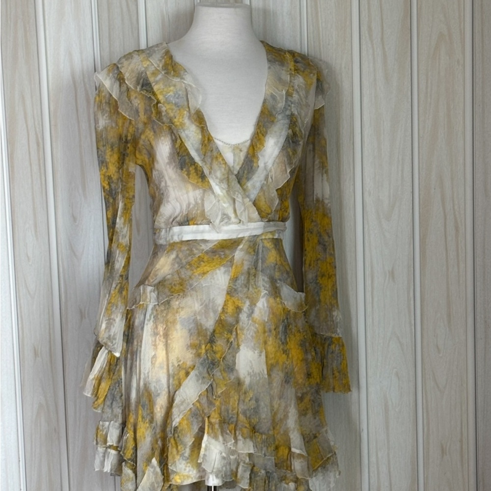Zimmermann Gold and White V-Neck Bell Sleeve Sundress